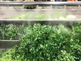vert frais verts respectueux de l'environnement des plantes de persil salade d'aneth roquette oignons et autres aliments végétaux se trouve dans un réfrigérateur moderne dans un supermarché sur le comptoir. l'arrière-plan photo