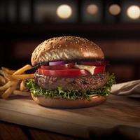 délicieux steakburger fait maison sur une vieille table en bois. gros plan d'aliments gras malsains. photo