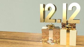 l'or 12.12 et coffret cadeau sur table en bois pour une journée de shopping ou un rendu 3d de marketing promotionnel photo