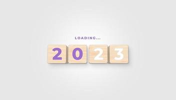blocs de bois 2023 sur fond gris. commencez la nouvelle année 2023 avec un plan d'objectifs, un concept d'objectif, un plan d'action, une stratégie, une vision. Chargement du nouvel an 2023. Illustration 3D. photo