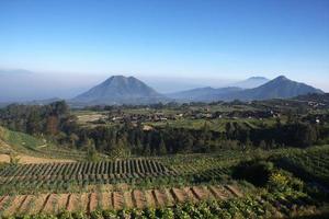 vue sur le village et les champs sur fond de belles montagnes. Java central, Indonésie. photo
