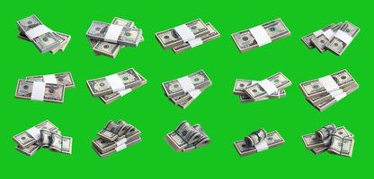 grand ensemble de liasses de billets d'un dollar américain isolés sur le vert chroma key. collage avec de nombreux packs d'argent américain avec une haute résolution sur fond vert parfait photo