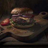 délicieux steakburger fait maison sur une vieille table en bois. gros plan d'aliments gras malsains. photo