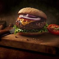 délicieux steakburger fait maison sur une vieille table en bois. gros plan d'aliments gras malsains. photo