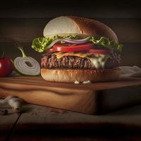 délicieux steakburger fait maison sur une vieille table en bois. gros plan d'aliments gras malsains. photo