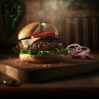 délicieux steakburger fait maison sur une vieille table en bois. gros plan d'aliments gras malsains. photo