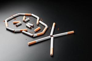crâne de cigarettes sur fond noir. le concept de fumer tue. vers le concept du tabagisme comme une habitude mortelle, les poisons à la nicotine, le cancer du tabagisme, la maladie, l'arrêt du tabac. photo