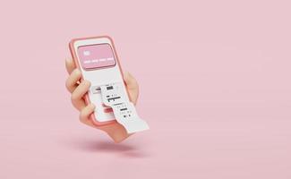 Les mains 3d tiennent un téléphone portable, un smartphone avec carte de crédit, une facture, un reçu papier, un paiement électronique de facture isolé sur fond rose. concept d'économie d'argent, illustration de rendu 3d photo