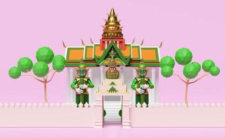 mur de temple thaïlandais 3d, château avec gardien géant, arbre isolé sur fond rose. illustration de rendu 3d, chemin de détourage photo