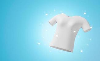 spectacle de chemise laver avec de l'eau à bulles brillantes, illustration publicitaire 3d nettoyer avec de la lessive en poudre, détergent liquide, rendu 3d, isolé sur fond bleu photo