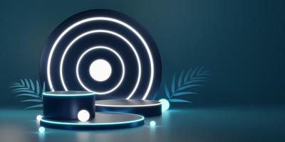 Piédestal de cylindre bleu 3d avec boule d'or, éclairage de cercle au néon, feuille de palmier sur fond vert. maquette de podium moderne vide. technologie abstraite objet géométrique minimal sombre. illustration de rendu 3d. photo