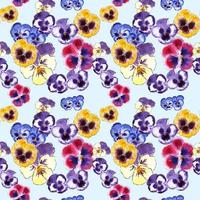 motif de pensées aquarelle transparente. motif de pensées lumineuses composé de pensées jaunes, violettes, roses et violettes sur fond jaune. photo