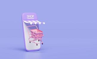 Téléphone mobile violet 3d, smartphone avec devanture de magasin, panier, panier isolé sur fond violet. achats en ligne, concept minimal, illustration de rendu 3d photo