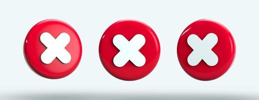 icône croix sur les boutons ronds, panneau d'arrêt rouge ou marque un angle différent. rendu 3d photo