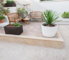 terrasse avec les fleurs méditerranéennes sur l'île de chypre photo