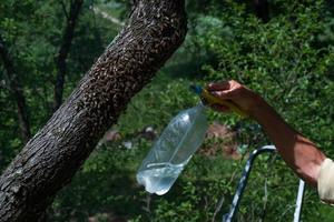 l'apiculteur recueille un essaim d'abeilles à l'aide d'un pinceau large et d'une pelle. photo