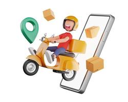 Illustration 3d d'un courrier sortant d'un smartphone, volant avec une moto jaune photo