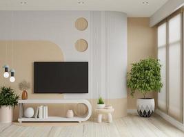 salon avec tv sur meuble dans le mur bicolore, style japondi. photo