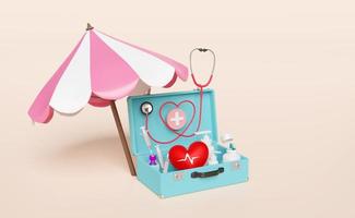 sac de trousse de premiers soins avec parapluie, stéthoscope, seringue, coeur rouge, fréquence cardiaque de la pression artérielle isolée sur fond crème. amour de la santé, journée mondiale du coeur, concept de soins de santé, illustration 3d, rendu 3d photo