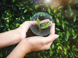 concept de conservation durable de l'environnement. main de femme tenir le sol et la feuille verte à la main avec illustration de la terre photo