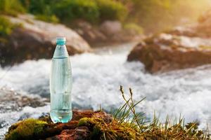 bouteille en plastique avec de l'eau potable fraîche sur le fond d'un ruisseau de montagne, à l'état sauvage. eau fraîche photo