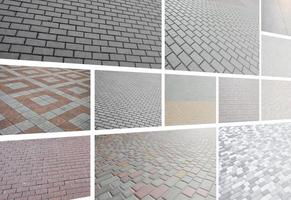 un collage de nombreuses photos avec des fragments de carreaux de pavage en gros plan. ensemble d'images avec pavé