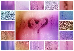 un collage de nombreux fragments de verre différents, décorés de gouttes de pluie provenant du condensat et d'un cœur peint au centre photo
