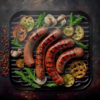 saucisse grillée avec ajout d'herbes et de légumes sur la plaque de gril photo