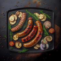 saucisse grillée avec ajout d'herbes et de légumes sur la plaque de gril photo