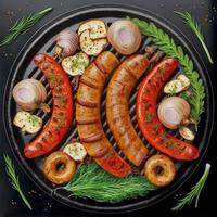 saucisse grillée avec ajout d'herbes et de légumes sur la plaque de gril photo