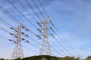 fils sur un poteau transportant du courant électrique à haute tension. photo