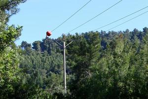 fils sur un poteau transportant du courant électrique à haute tension. photo