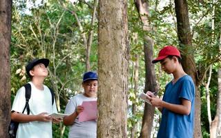 les garçons asiatiques à l'extérieur de la classe apprennent en notant les épices des arbres, des branches, des racines, du tronc et d'autres du jardin botanique à l'extérieur de la salle de classe avec des amis pendant le camp d'été, mise au point douce. photo