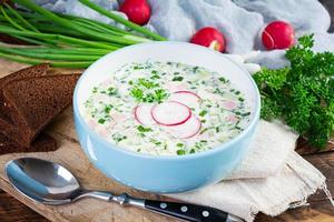 soupe froide d'été avec yaourt et légumes. soupe froide traditionnelle russe okrochka