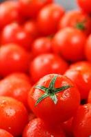 beaucoup de tomates mûres fraîches avec des gouttes de rosée. fond en gros plan avec texture de coeurs rouges avec des queues vertes. tomates cerises fraîches aux feuilles vertes. fond rouge tomates