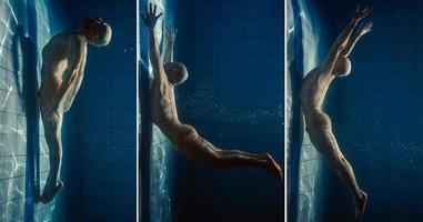 homme de sport athlétique sous l'eau dans la piscine. sports, yoga, concept de plongée libre photo