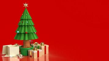 l'arbre de noël et la boîte cadeau sur fond rouge pour le rendu 3d du concept de vacances photo