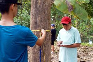 un garçon asiatique en chemise bleue mesure la circonférence d'un arbre avec un ruban à mesurer. puis demandez à des amis de l'enregistrer dans le cahier. concept d'apprentissage en dehors de la salle de classe. photo