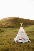 ensembles pour enfants pour jouer dans le parc. wigwam avec oreillers dans la nature photo