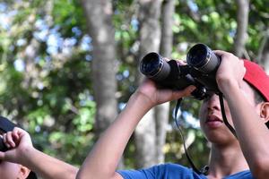 les garçons d'asie du sud-est utilisent des jumelles pour observer les oiseaux dans la forêt tropicale, une idée pour apprendre les créatures et les animaux sauvages en dehors de la salle de classe. photo