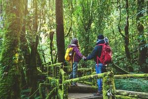 couples voyageant, détendez-vous en hiver. voyage à pied pour étudier la nature dans la forêt tropicale. à l'angka, chiangmai en thailande. photo