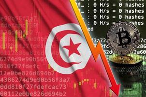 drapeau tunisien et flèche rouge tombante sur l'écran d'extraction de bitcoin et deux bitcoins dorés physiques photo