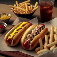 hot-dogs avec ketchup, moutarde jaune, frites et soda. photo