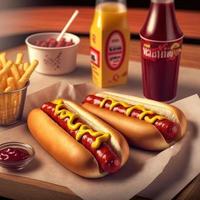 hot-dogs avec ketchup, moutarde jaune, frites et soda. photo