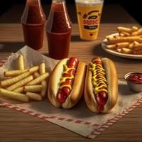 hot-dogs avec ketchup, moutarde jaune, frites et soda. photo