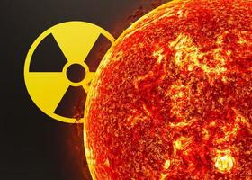 énergie nucléaire radioactif rond symbole jaune et explosion nucléaire sur fond noir. rayonnement atomique ionisant. alerte radioactive, avertissement, danger. radioactivité, menace nucléaire. rendu 3d. photo
