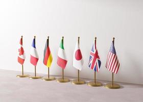 drapeaux du g7, groupe de sept pays, canada, france, allemagne, italie, japon, royaume-uni, états-unis. le sommet du g7 est un forum politique intergouvernemental. économie mondiale, commerce mondial, politique économique. rendu 3d. photo