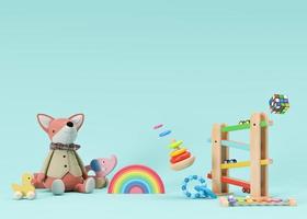 jouets pour enfants sur fond bleu avec espace de copie. jouets multicolores en bois et en peluche pour tout-petit ou bébé. espace vide pour votre texte, publicité, magasin de jouets. rendu 3d. photo