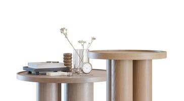 tables basses en bois modernes avec accessoires pour la maison isolés sur fond blanc. vue de face. découper des meubles. élément de design d'intérieur. espace de copie pour votre objet, présentation du produit. rendu 3D photo