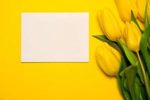 maquette de carte de voeux avec tulipes colorées. pâques, fête des mères, fête des femmes, etc. vue de dessus photo
